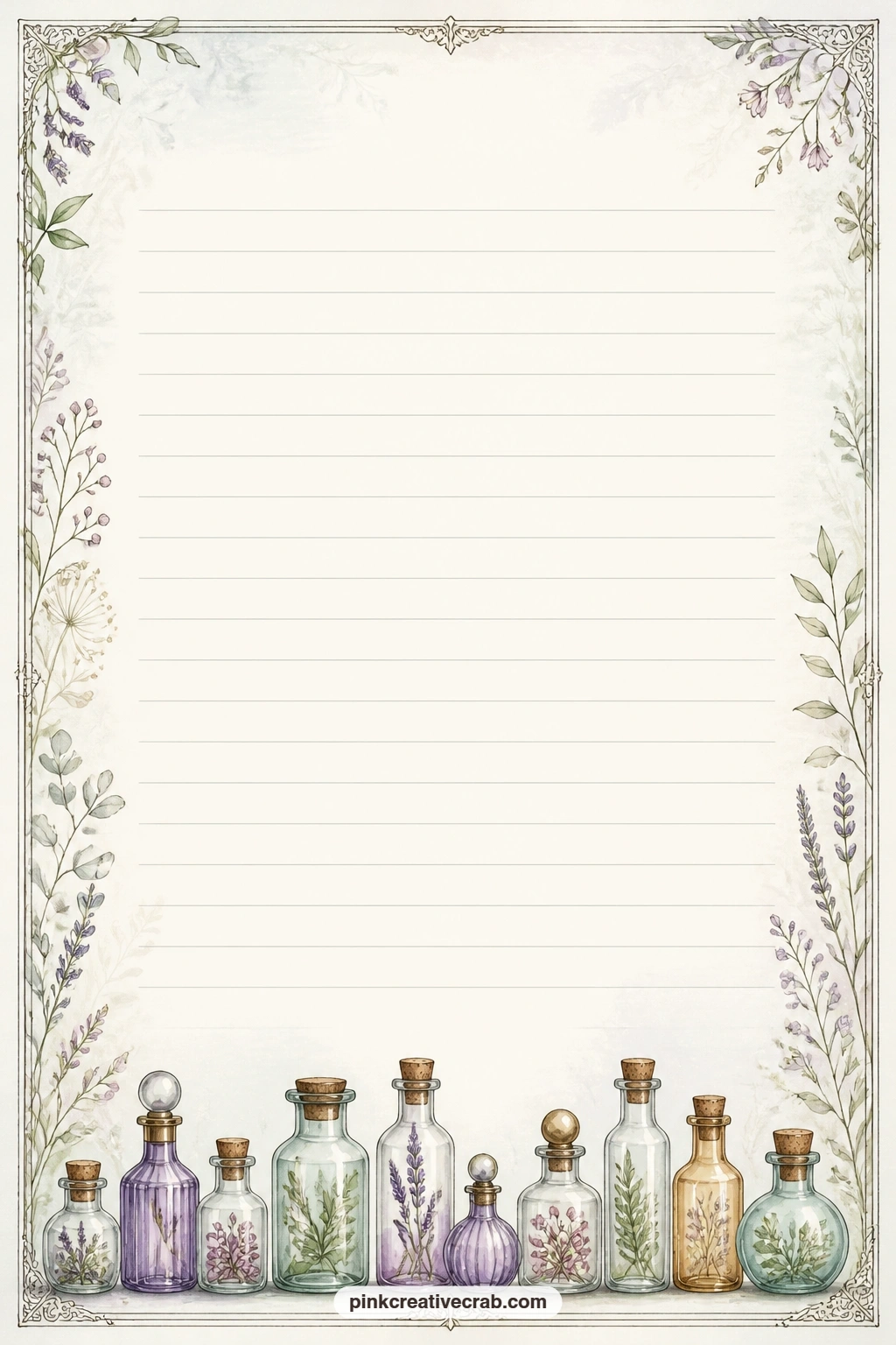 Bottle Border Lines printable page — Apothecary bottle border lined page suits a list of remedies you trust, a short letter to next year, or notes on a scent