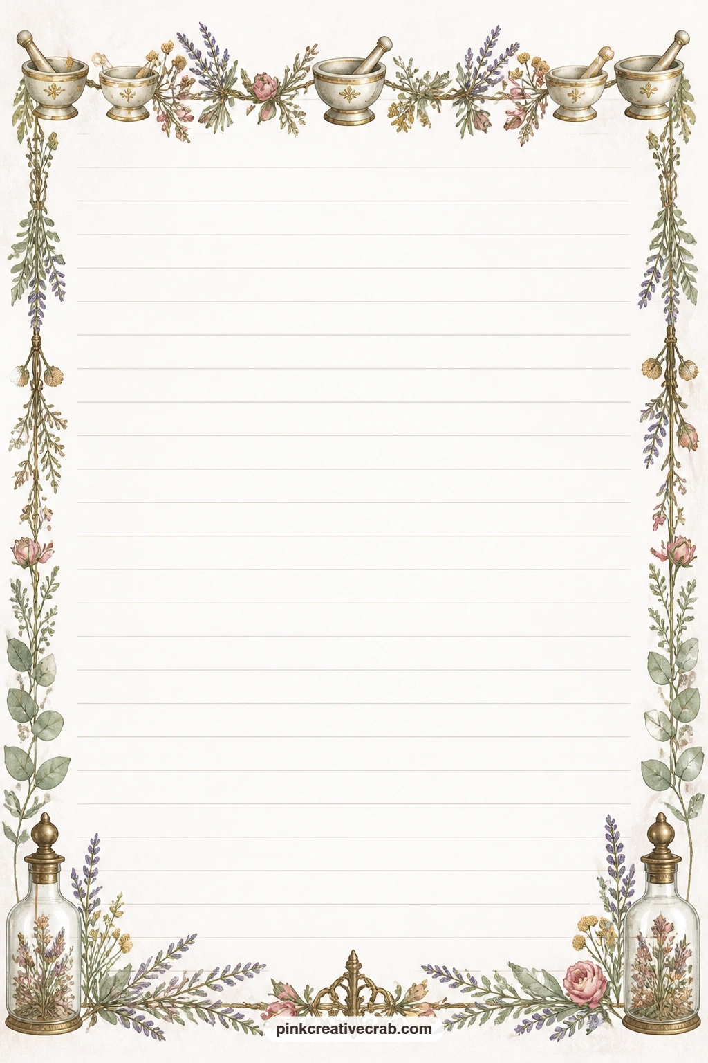 Mortar Garland Lines printable page — Mortar and pestle garland lined page works for a list of herbs to grow, a note about a remedy that worked, or a line