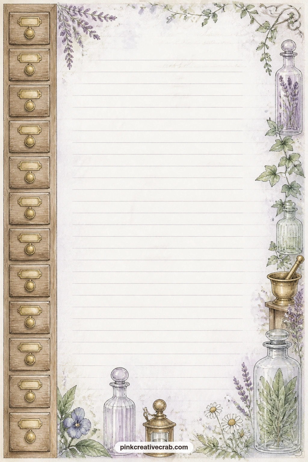 Cabinet Drawer Lines printable page — Apothecary cabinet drawer lined page suits a short diary entry, a list of things you are grateful for this week, or a