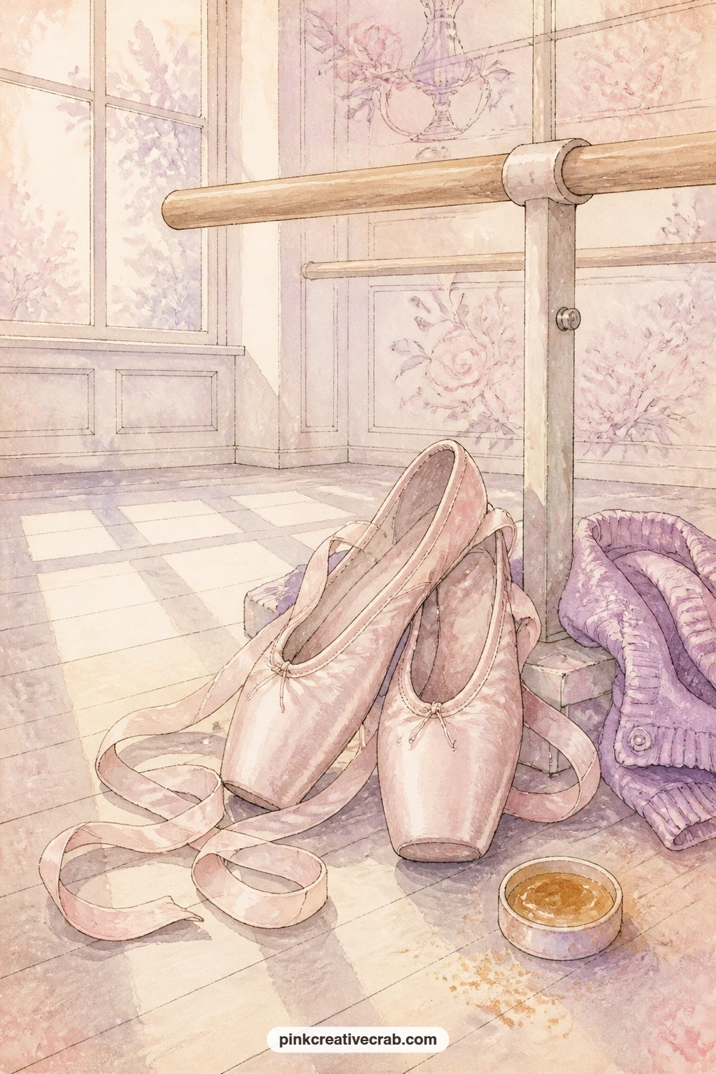 Pointe Shoes By The Barre printable page — Pink pointe shoes with their ribbons loosely coiled sit on the rehearsal room floor beside a wooden barre, the whole