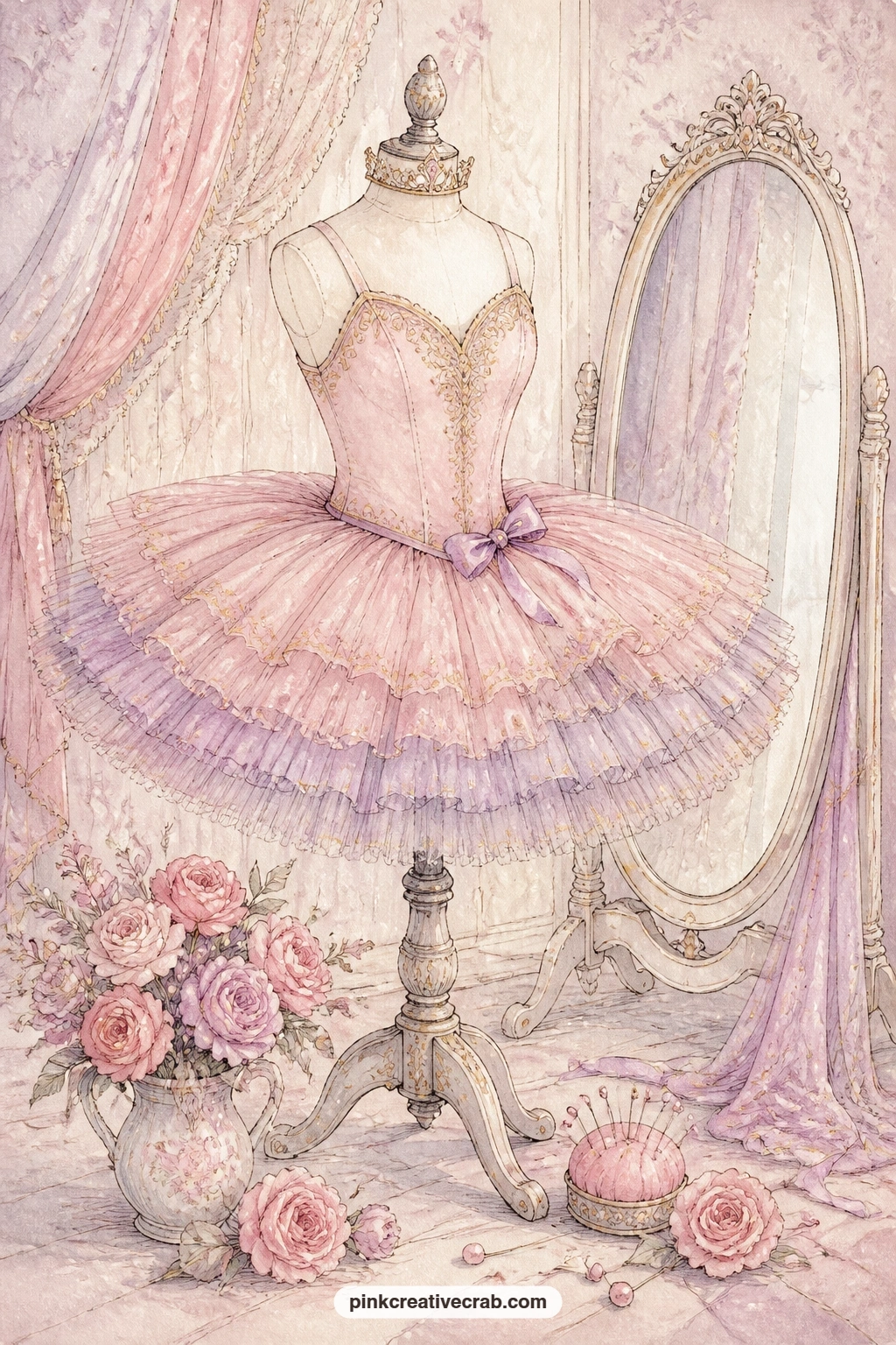 Tutu On A Dress Form printable page — A layered tutu waits on a dress form with a tiara balanced on top, a small posy of roses at its base and a tall mirror