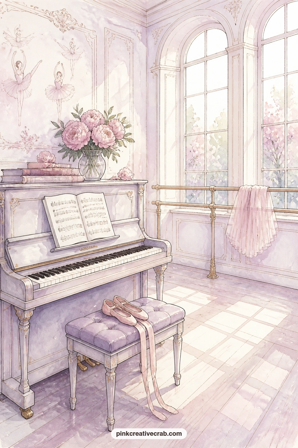 Rehearsal Corner With Piano printable page — An upright piano fills one corner of the rehearsal room, a vase of peonies on its lid and a pair of slippers left