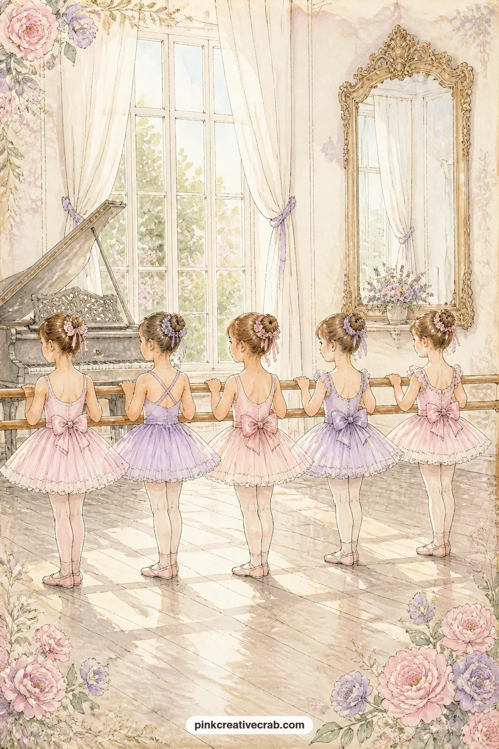 Little Ballerinas In A Sunny Studio printable page — A line of little ballerinas in tutus stands ready at the barre in a sunny studio, a piano waiting in the