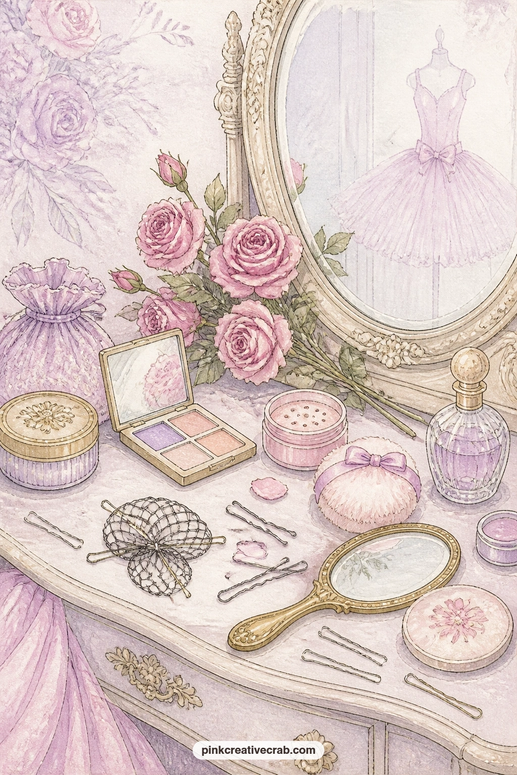 Dressing Table With Roses printable page — Stage makeup, loose hairpins and a bun net scatter across a dressing table where a small bunch of roses leans