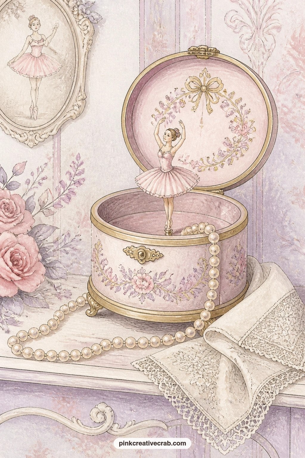 Music Box With A Twirling Dancer printable page — A music box with a twirling ballerina figure sits open on a shelf, a string of pearls and a lace handkerchief