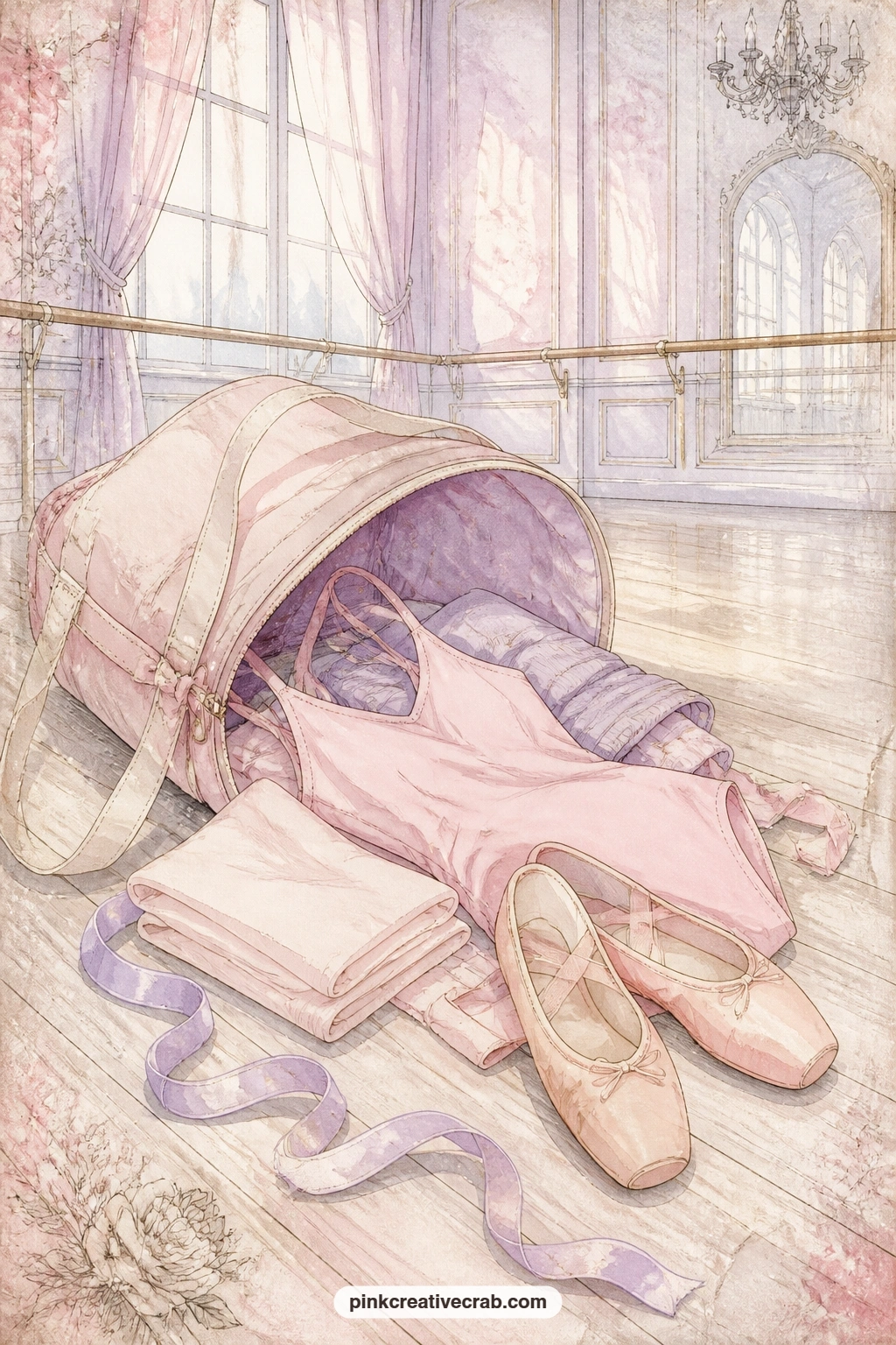 Ballet Bag Spilling Its Contents printable page — A ballet bag tips open on the floor, spilling a leotard, a pair of tights, slippers and a loose hair ribbon