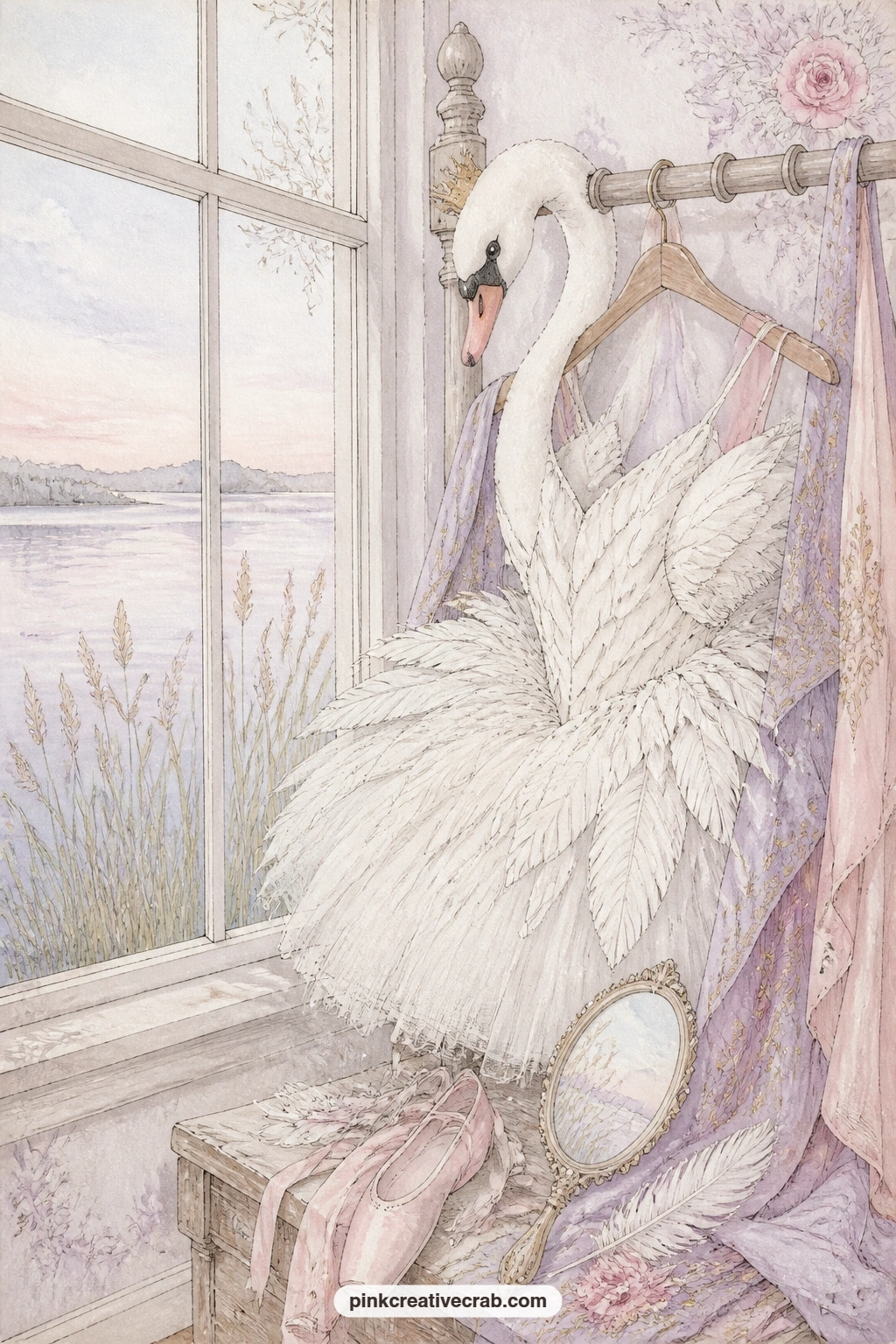 Swan Costume By The Lake Window printable page — A costume of white feathers hangs beside a window looking out over a still lake, the kind of piece built for