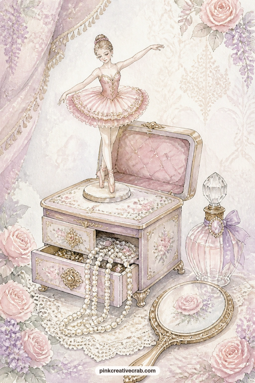 Ballerina Figurine On A Jewelry Box printable page — A tiny ballerina figurine spins atop a jewelry box, pearls spilling from a half open drawer and a perfume