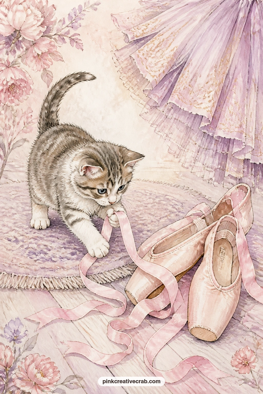 Kitten And The Ribbon printable page — A kitten bats at a trailing ballet shoe ribbon on the wooden floor, the shoes themselves tipped onto their sides nearby.