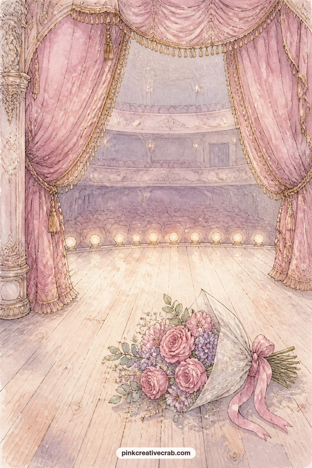 Theater Stage With A Bouquet printable page — Velvet curtains frame a theater stage lit by footlights, a single bouquet left resting on the boards after the