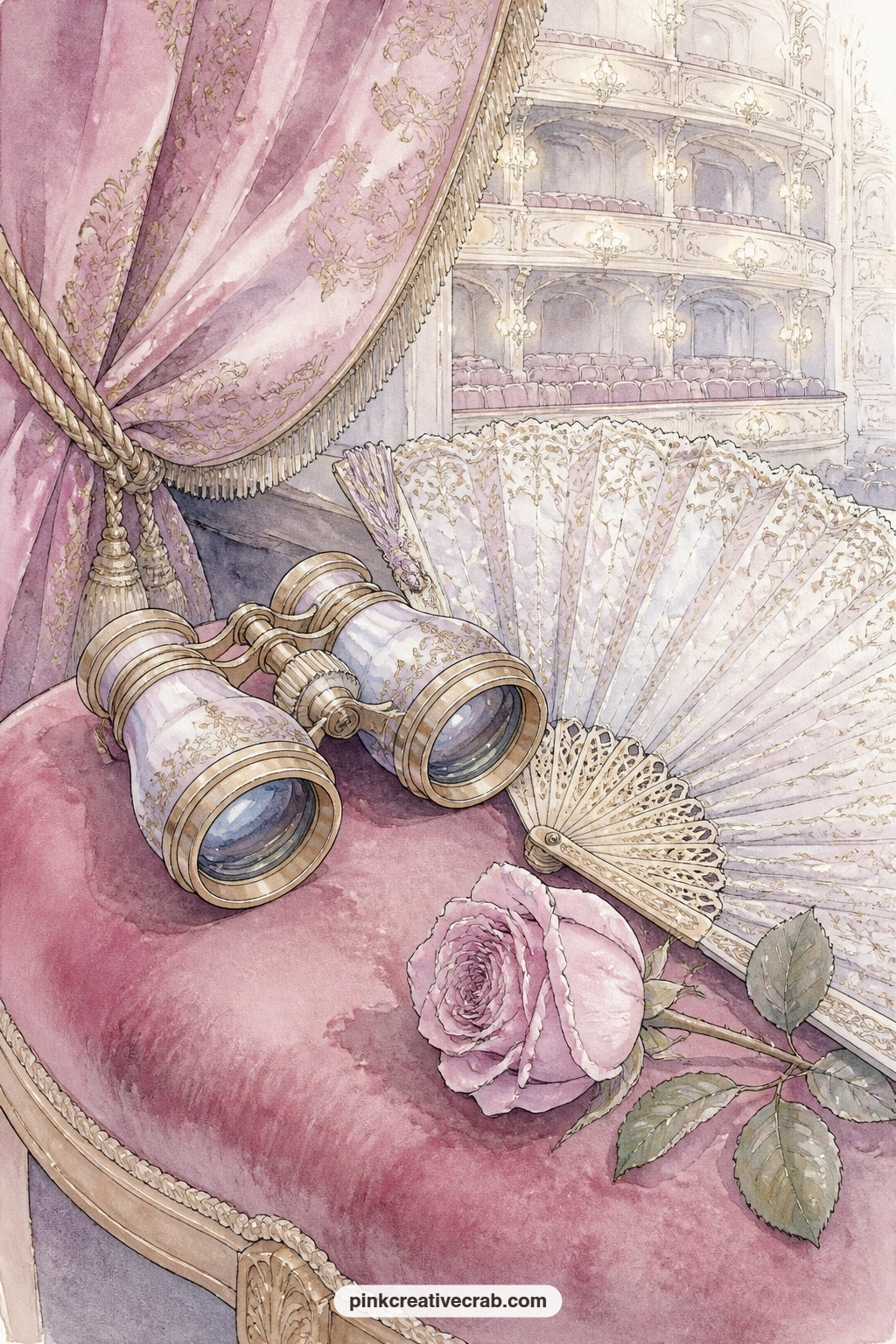 Opera Glasses On A Velvet Seat printable page — A pair of opera glasses rests on a velvet theater seat, a lace fan and a single rose laid beside them as the