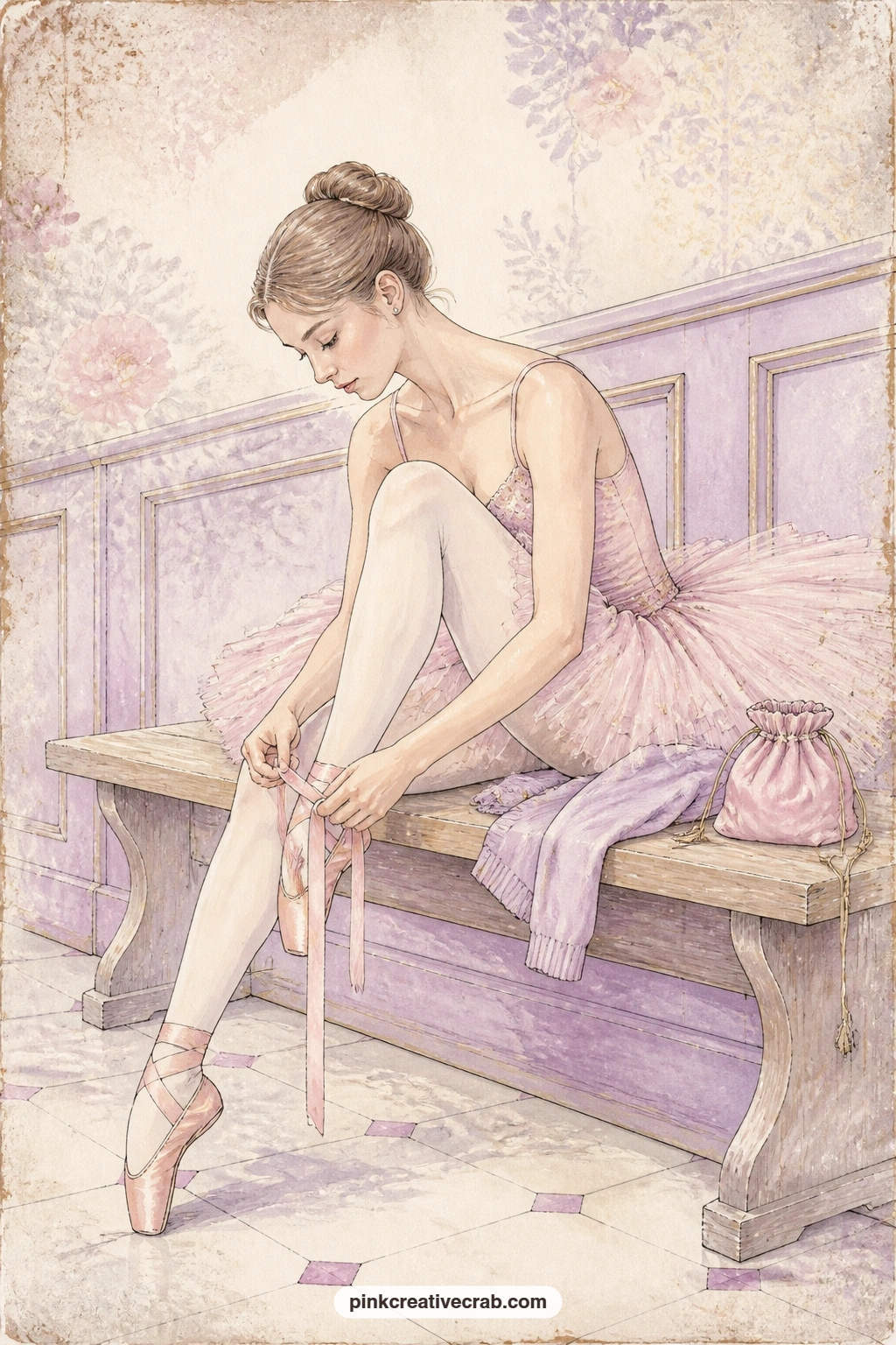 Ribbons On A Wooden Bench printable page — A ballerina sits on a wooden bench tying the ribbons of her pointe shoe, a cardigan folded beside her against the