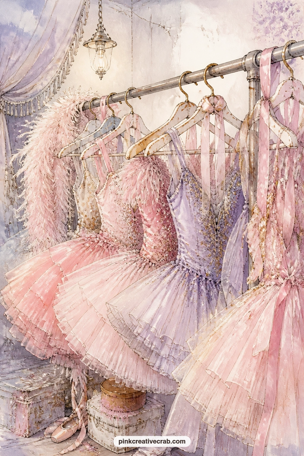 Costume Rack Of Tulle And Sequins printable page — Tutus crowd a costume rack backstage, layers of tulle, feathers and sequins catching the low light between