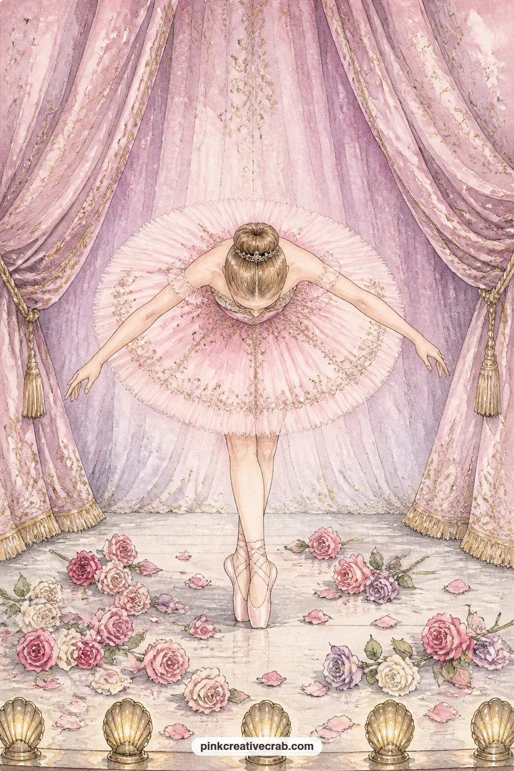 Bowing With Roses At Her Feet printable page — A dancer bows low on stage as roses land scattered at her feet, the curtain beginning to draw closed behind her.