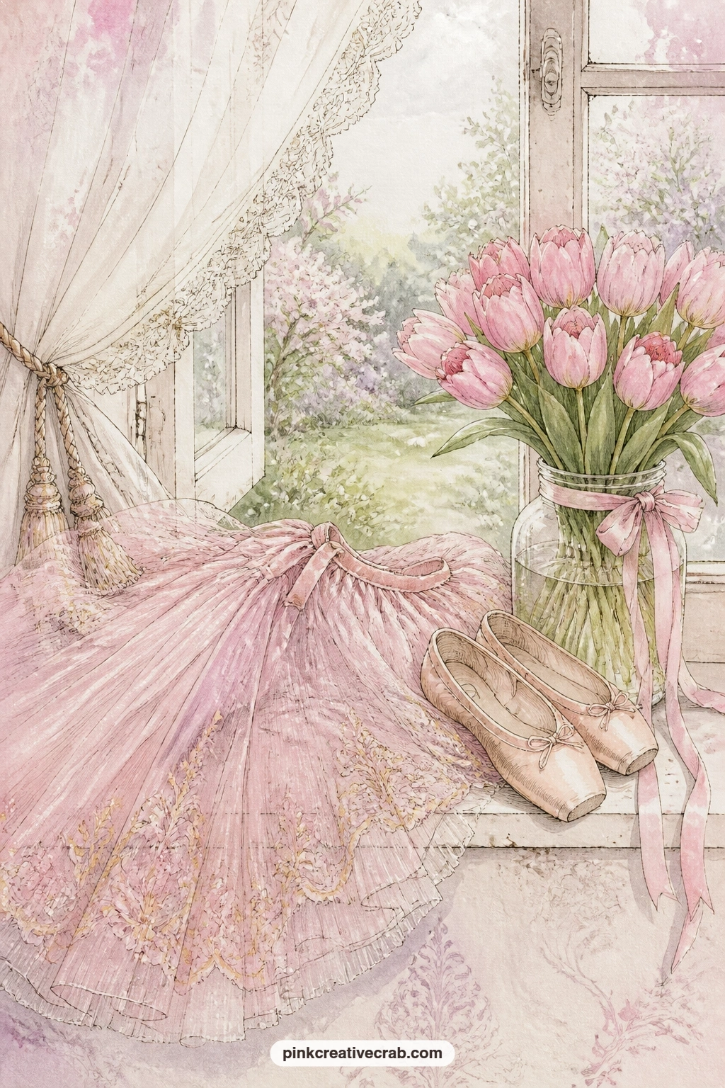 Windowsill Of Tulle And Tulips printable page — A pink tulle skirt and a pair of satin slippers rest on a windowsill beside a jar of tulips, caught in the