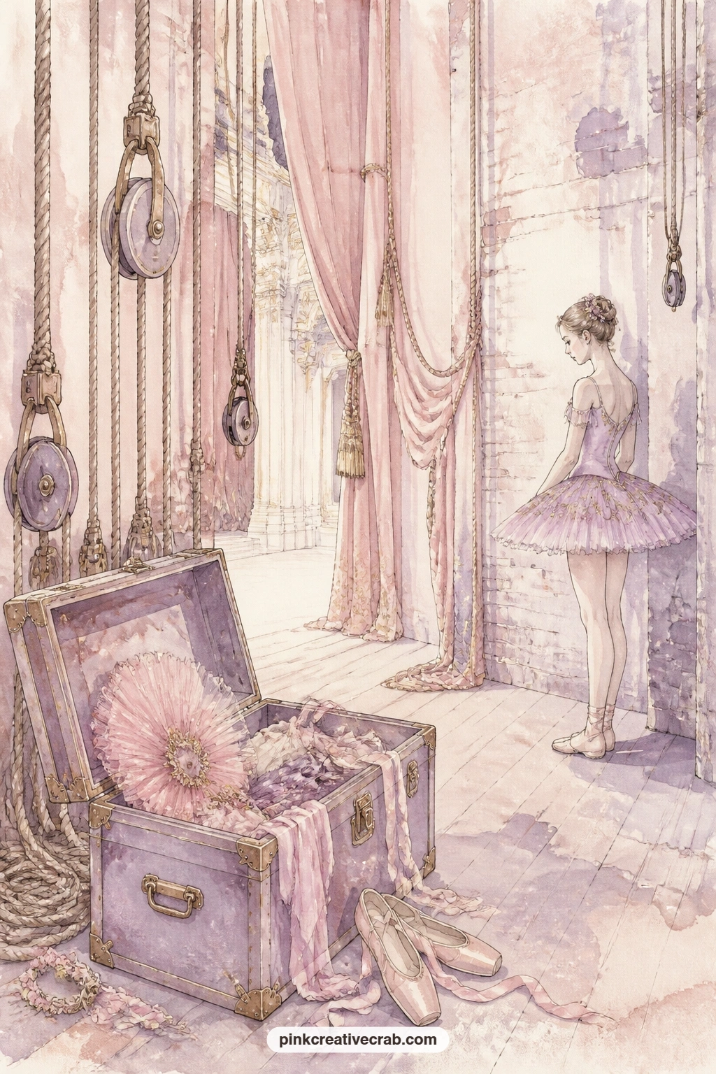 Backstage Wings And A Waiting Dancer printable page — Ropes and pulleys hang in the backstage wings, a costume trunk propped open nearby while a dancer waits