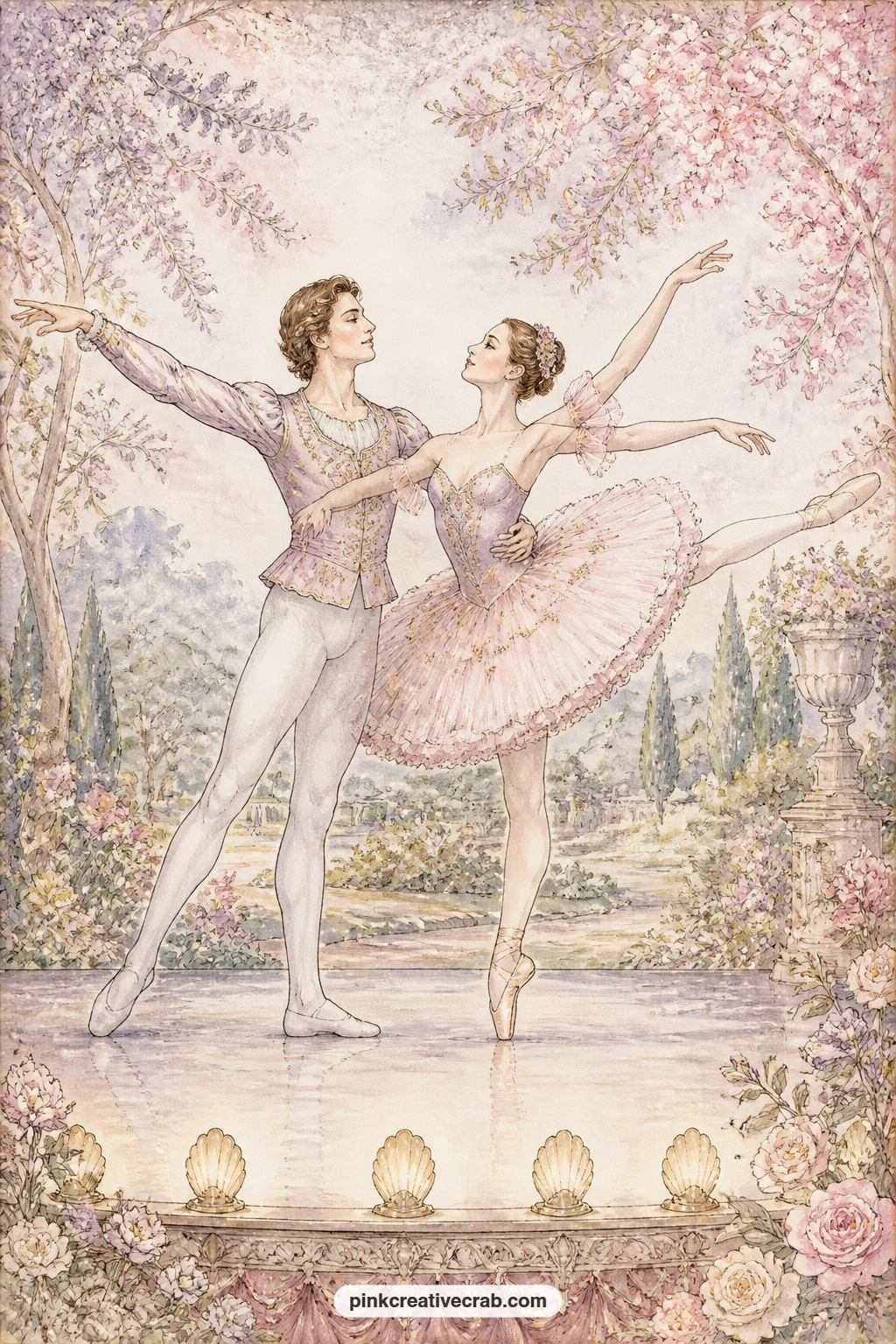 Pas De Deux In A Painted Garden printable page — Two dancers move through a pas de deux on a stage lit in soft pastel light, a painted garden backdrop