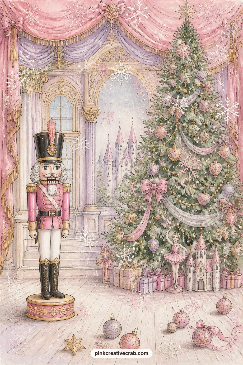 Nutcracker Stage With Toy Soldier printable page — A Christmas tree towers over the Nutcracker stage, a toy soldier standing guard near drifting snowflakes and