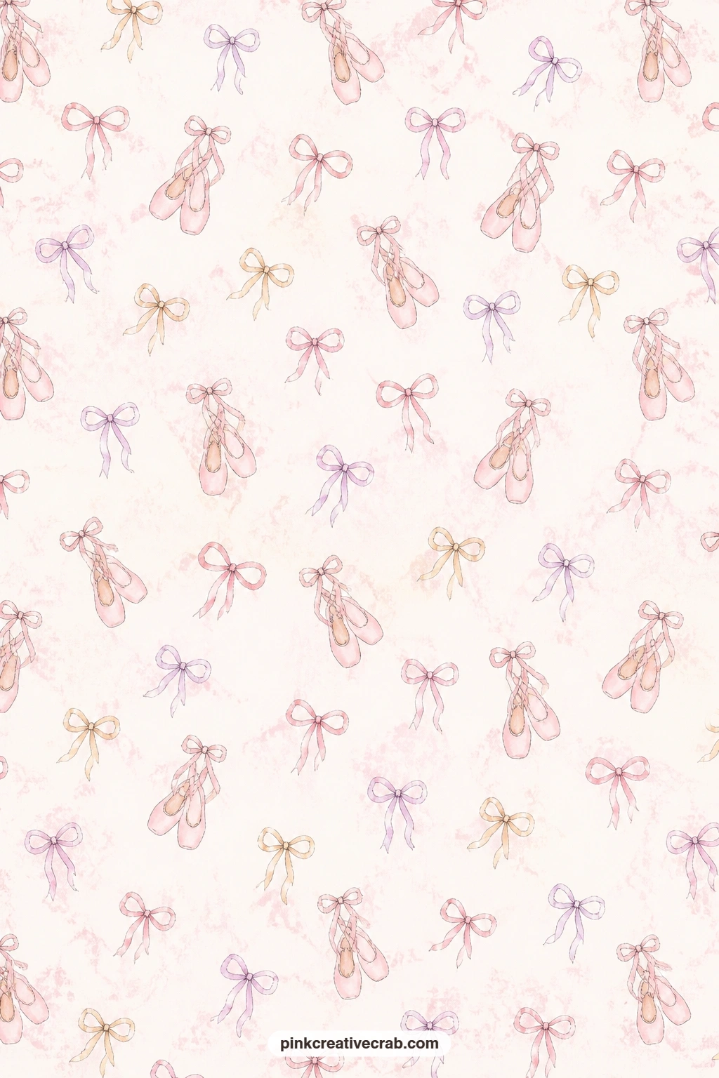 Tiny Pointe Shoes And Bows Pattern printable page — Small pointe shoes and loose ribbon bows repeat in an all over pattern across the sheet in soft blush and