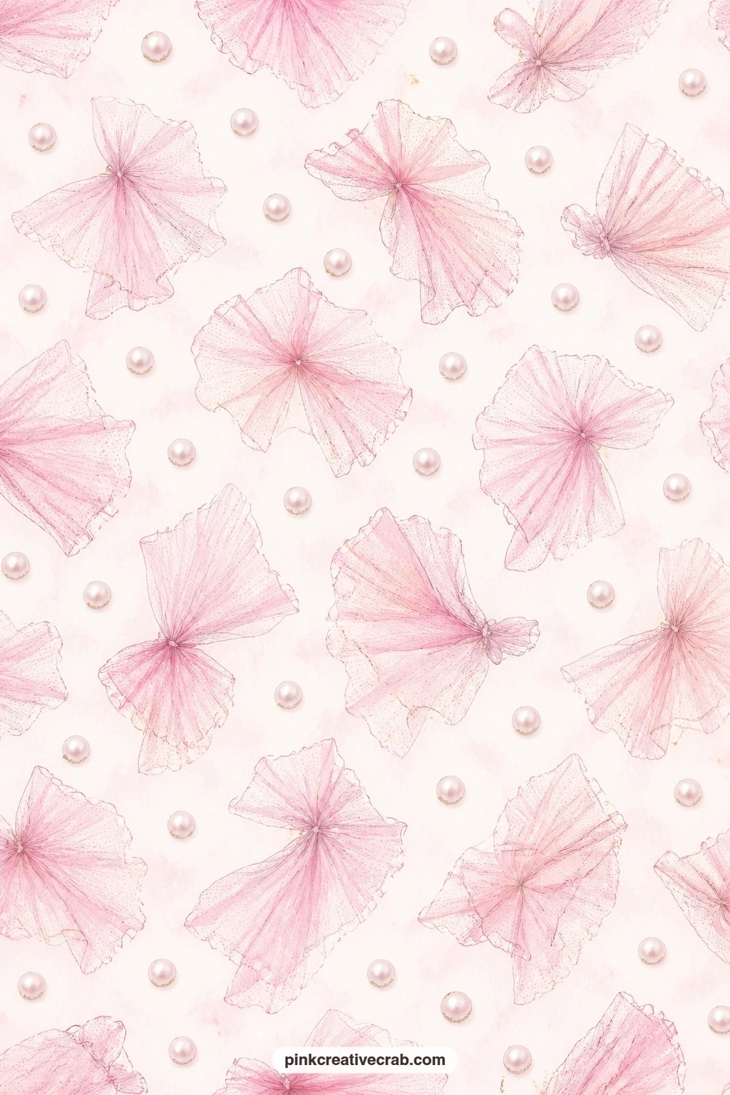 Pink Tulle And Pearl Pattern printable page — Soft drifts of tulle and single pearls scatter in a repeating pattern across the page, light and airy from corner