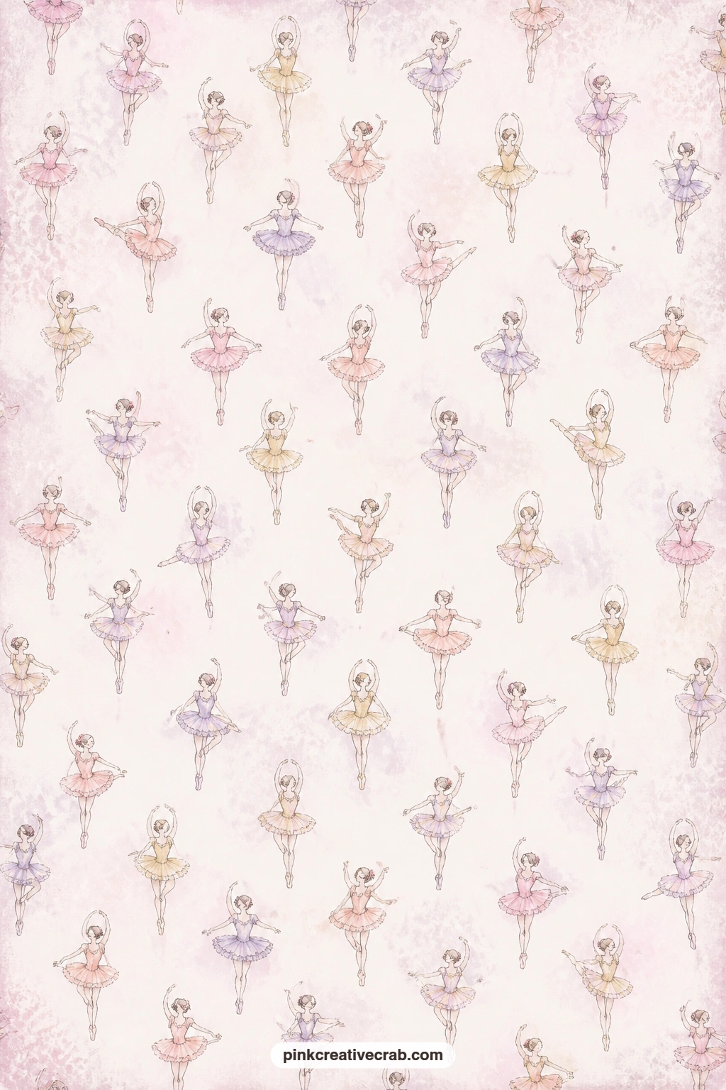 Ballerina Silhouette Toss Pattern printable page — Small ballerina silhouettes toss across the page in a loose repeating arrangement, each one caught mid pose