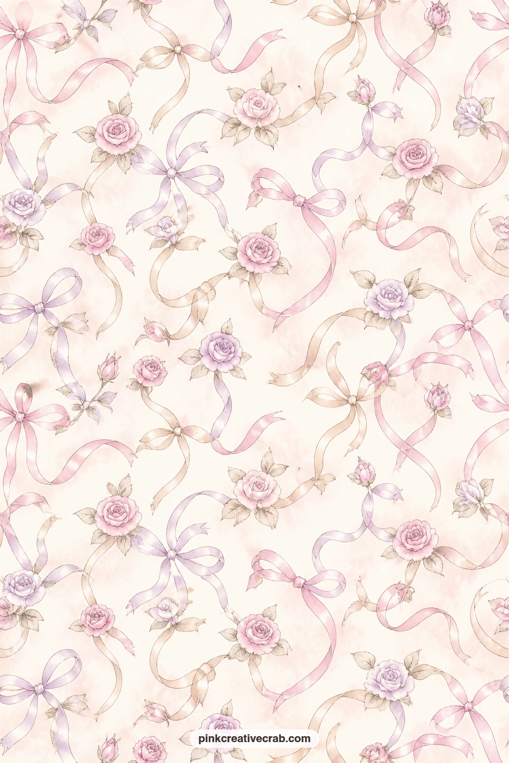 Satin Ribbon And Rose Pattern printable page — Satin ribbon loops twist between small roses in a repeating pattern that runs to every edge of the sheet. Ballet