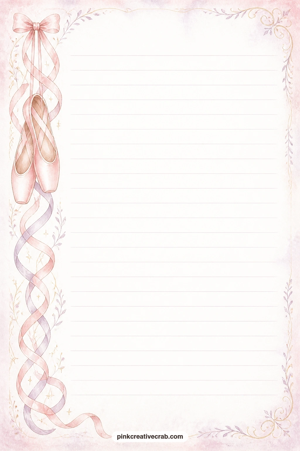 Pointe Shoe Ribbon Border Lined Page printable page — Trailing pointe shoe ribbons run along the side of this lined page, framing faint ruled lines left open
