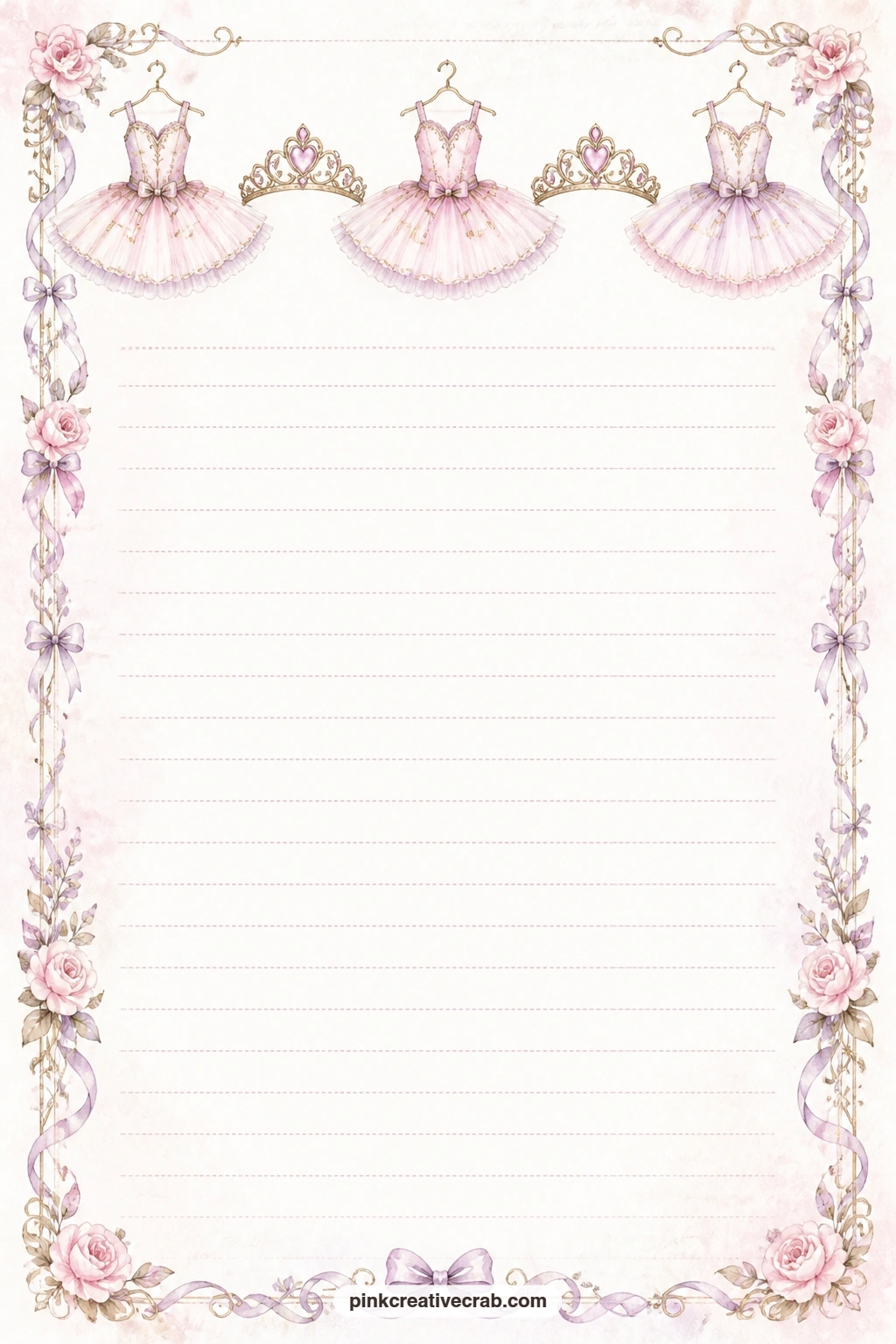 Tutu And Tiara Header Lined Page printable page — A small tutu and tiara sit along the top of this page as a header, faint lines running beneath them ready for