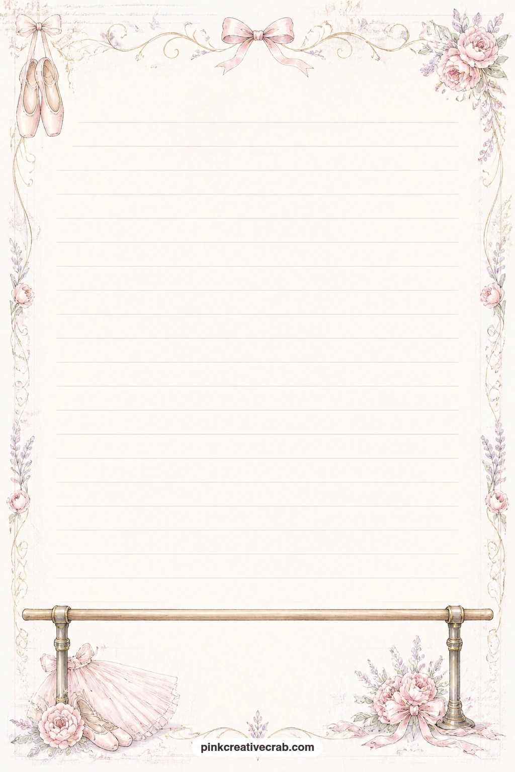 Ballet Barre Bottom Edge Lined Page printable page — A simple ballet barre runs along the bottom edge of this page, faint lines stacked above it for a longer