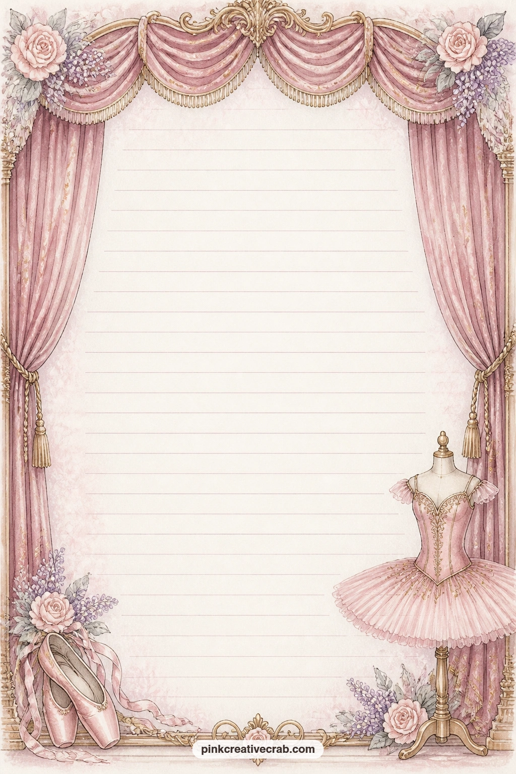 Stage Curtain Frame Lined Page printable page — Velvet stage curtains frame the edges of this page like a proscenium, faint lines left open in the center for