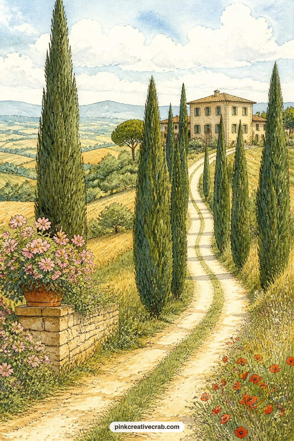 Cypress Lane To The Villa printable page — A row of slender cypress trees lines a dusty road that climbs toward a pale stone villa, with golden fields and a
