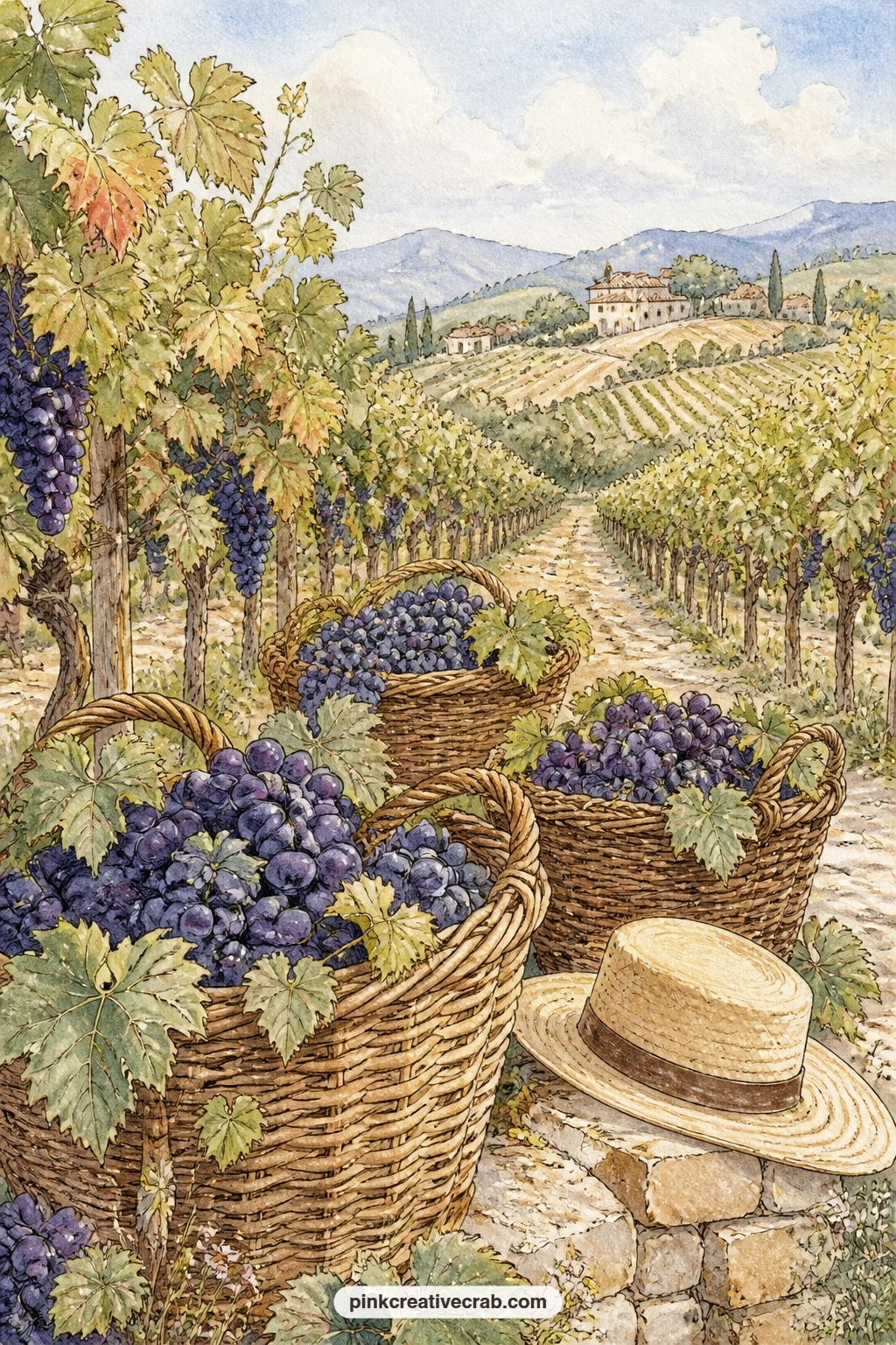 Vineyard Harvest Day printable page — Pick this one for the page where you tuck a small tasting note or a pressed grape leaf, since the basket of purple grapes