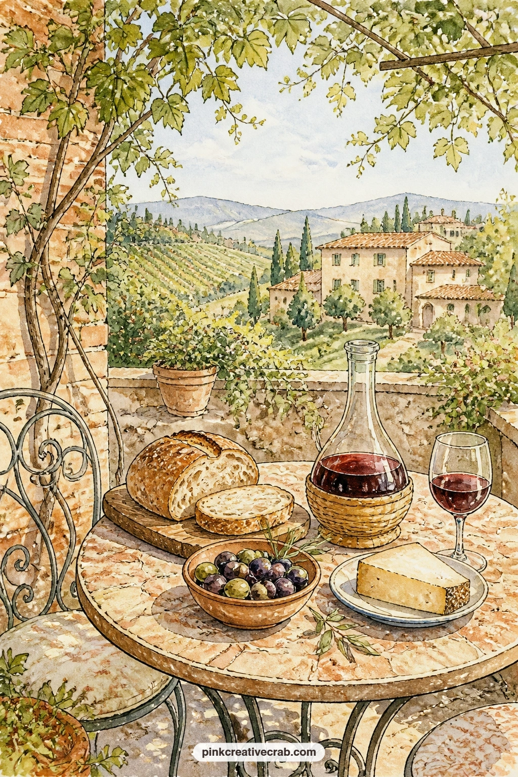Terrace Table For Two printable page — Set on a stone terrace, this spread of bread, olives, cheese and a carafe of wine invites a tucked-in napkin scrap or a