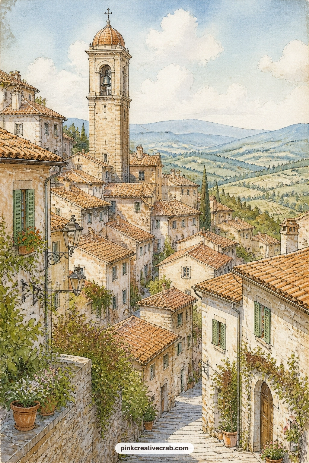 Hilltop Village Bell Tower printable page — Terracotta roofs cluster around a stone bell tower, catching the afternoon sun while the surrounding hills fade