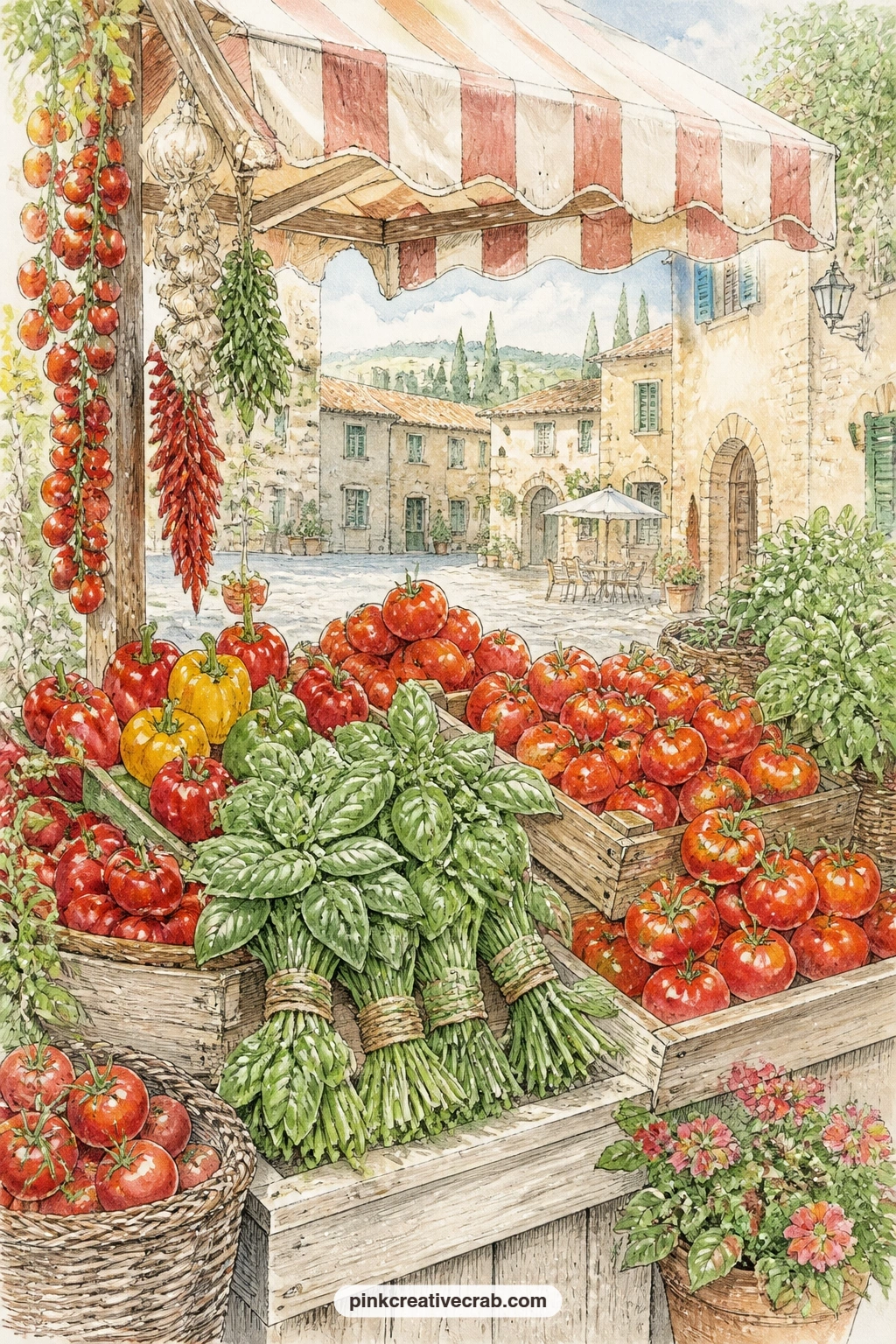 Market Stall Of Tomatoes And Basil printable page — The usual mistake with a market page like this is crowding every inch with produce until nothing reads