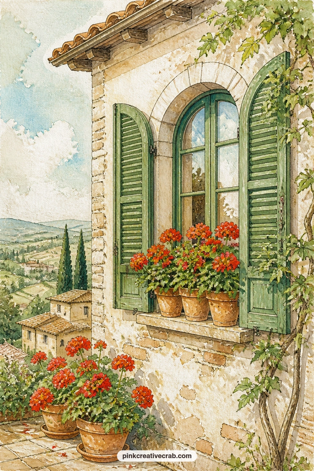 Villa Shutters And Geraniums printable page — This one suits a journal made for a grandmother or an aunt who gardens, since the pots of red geraniums under