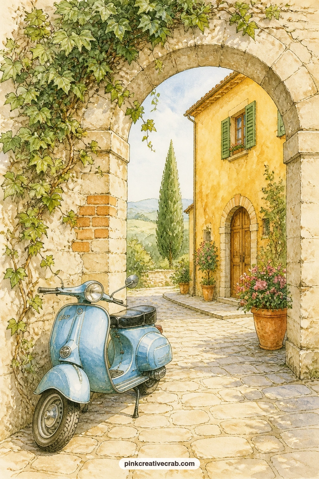 Blue Scooter By The Archway printable page — Write a quick line underneath about the ride you wish you had taken, parking the little blue scooter against the