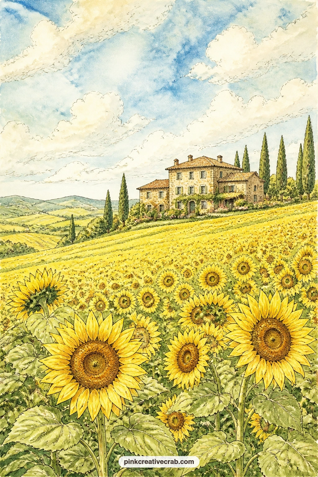 Sunflower Fields And Farmhouse printable page — Rolling sunflower fields stretch toward a distant farmhouse, with a line of cypress trees marking the edge of