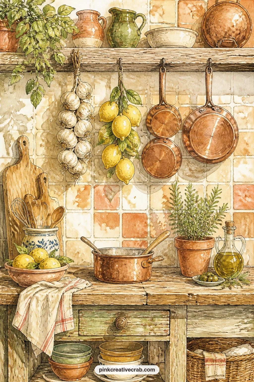 Rustic Kitchen With Copper Pots printable page — For the five minute version, skip the full counter and just colour the hanging garlic braid and the copper