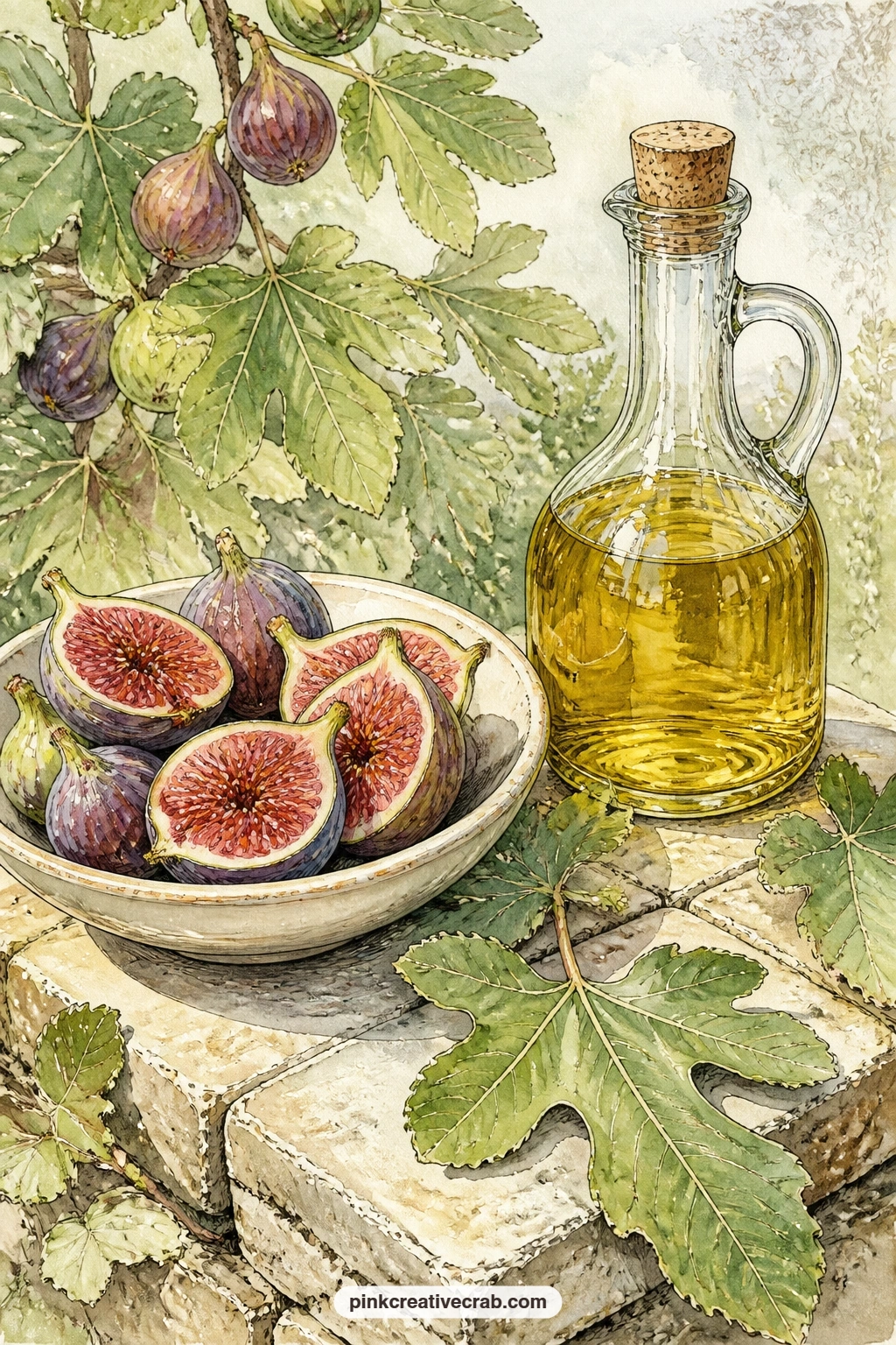 Figs And Olive Oil On Stone printable page — Figs spill from a shallow bowl beside a glass bottle of olive oil, set on a worn stone ledge with a soft wash of