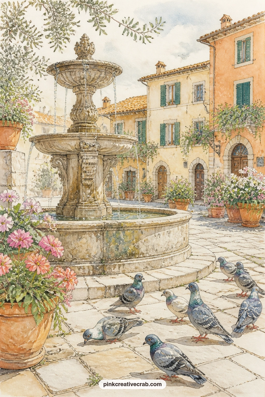 Piazza Fountain And Pigeons printable page — A stone fountain trickles in a small piazza, pigeons gathered at its base and pots of flowers lining the worn