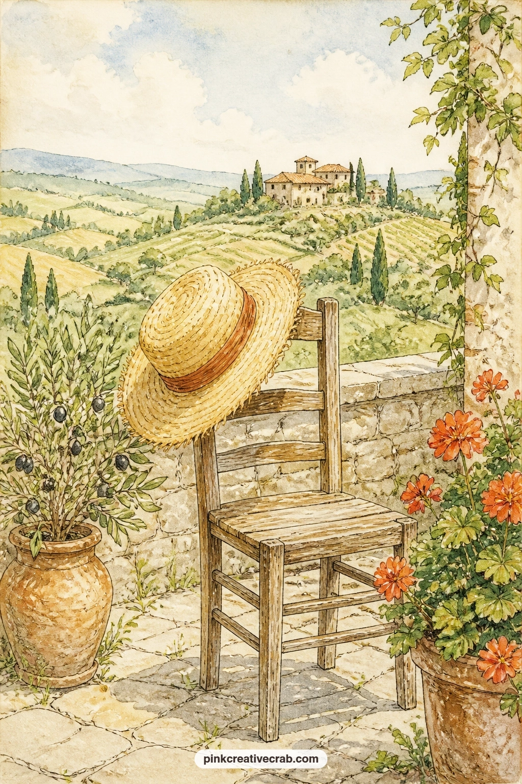 Straw Hat Over The Hills printable page — Try pairing this page across a spread with the vineyard harvest page, letting the straw hat on its chair look out