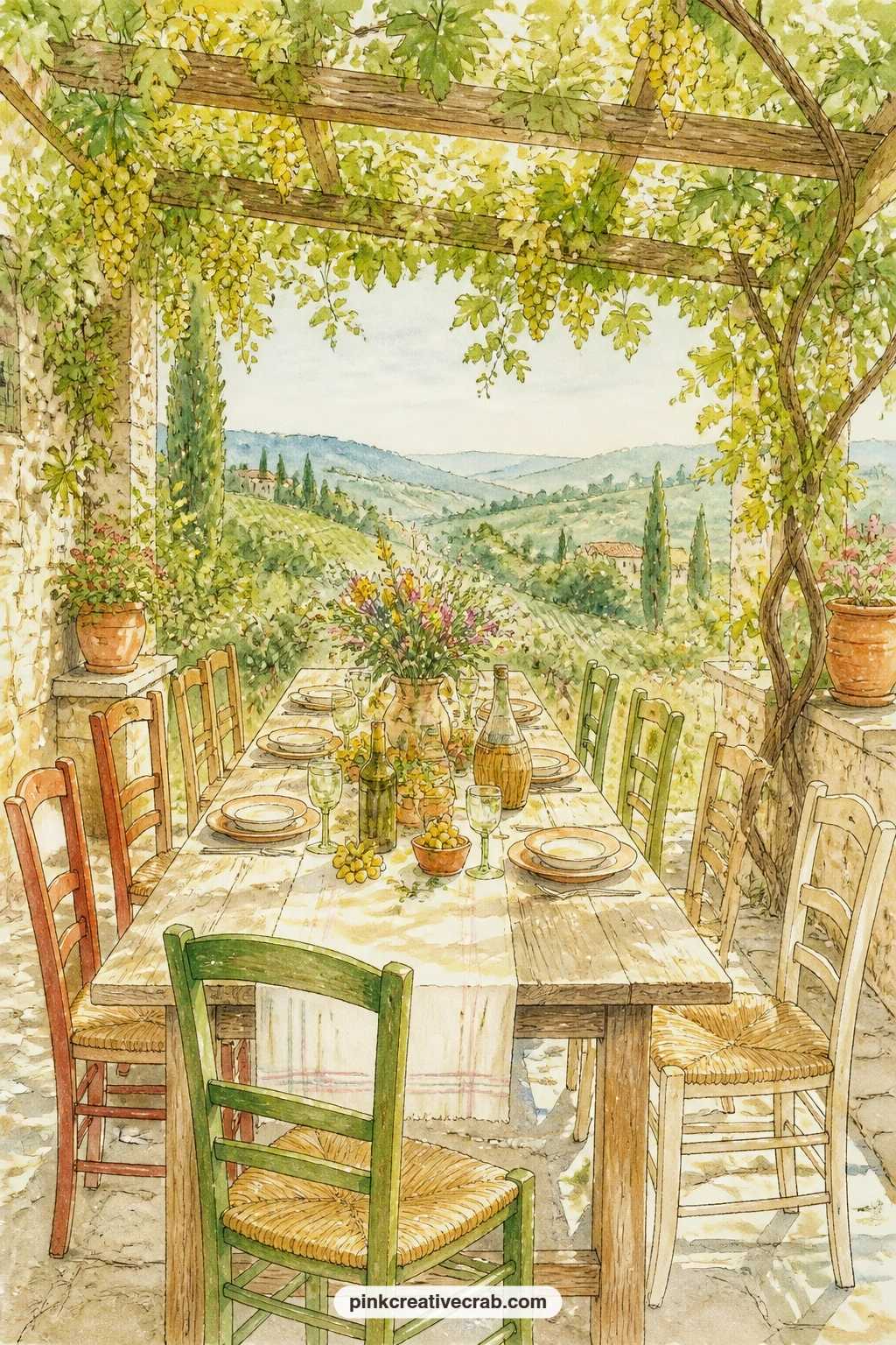 Pergola Table Under The Vines printable page — A question worth writing under this one: who would you most want to seat at this long table, grapevines climbing
