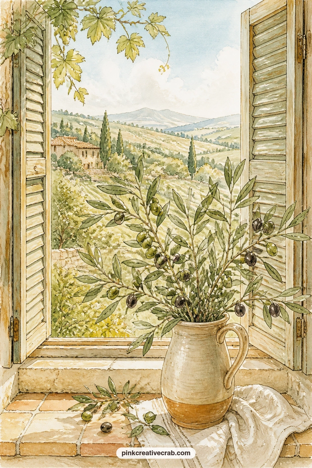 Olive Branch On The Windowsill printable page — An olive branch rests in a simple ceramic pitcher on a sunlit windowsill, rolling countryside visible through