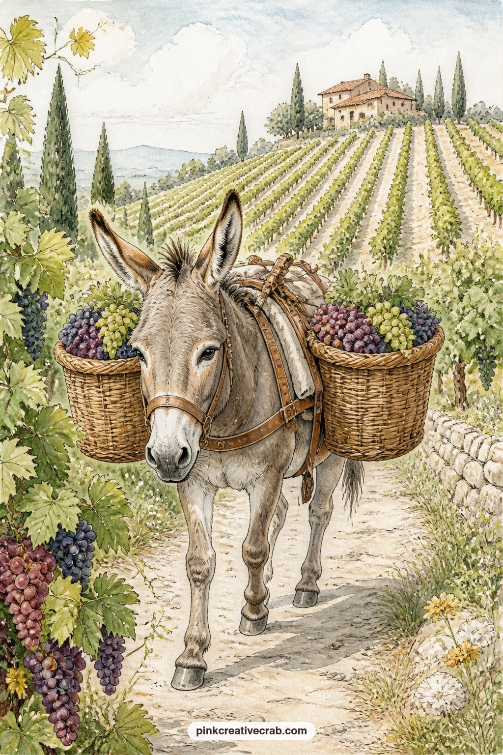 Donkey On The Vineyard Path printable page — Give this page to a reader who loves a slower kind of travel story, since the donkey plodding along the dusty path