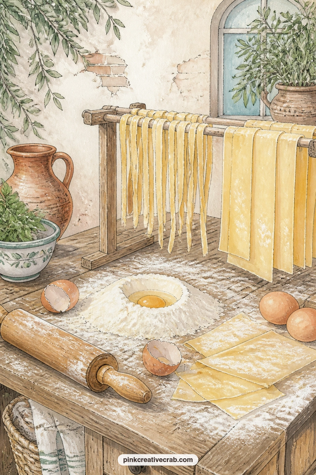 Pasta Making Table printable page — Flour, cracked eggs and a wooden rolling pin cover a worn table, with sheets of fresh pasta drying over the edge of a
