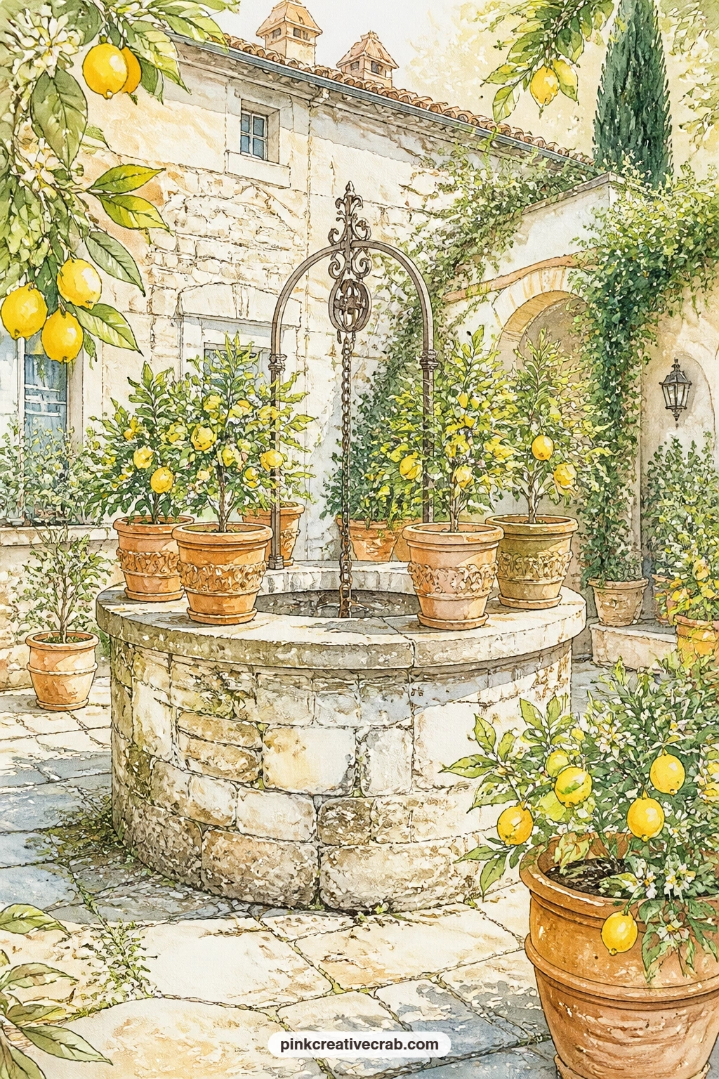 Stone Well And Lemon Trees printable page — A stone well sits at the centre of a quiet villa courtyard, lemon trees in terracotta pots arranged around its worn