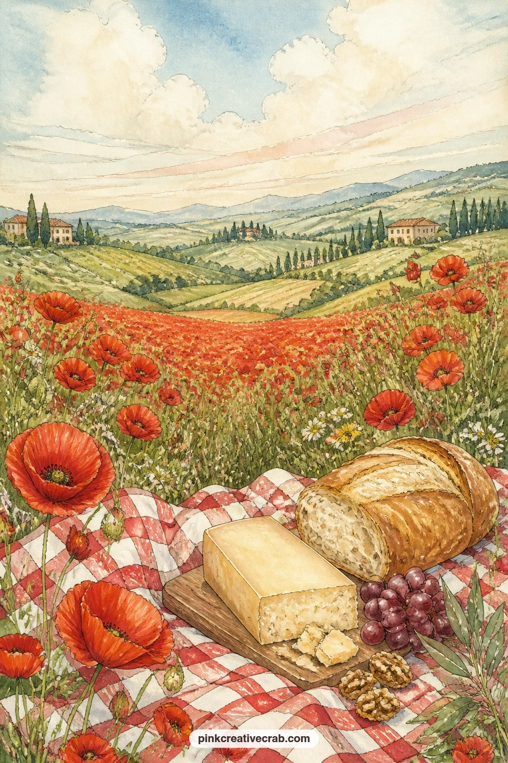 Poppy Field Picnic printable page — For a five minute version of this page, colour only the picnic cloth, the bread and the cheese, and leave the poppy field