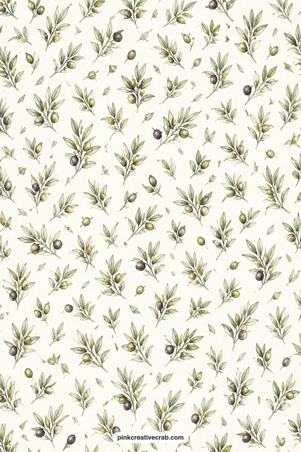 Olive Branches On Cream Pattern printable page — Olive branches scatter in an all-over pattern across soft cream paper, perfect as a lining for a pocket, a