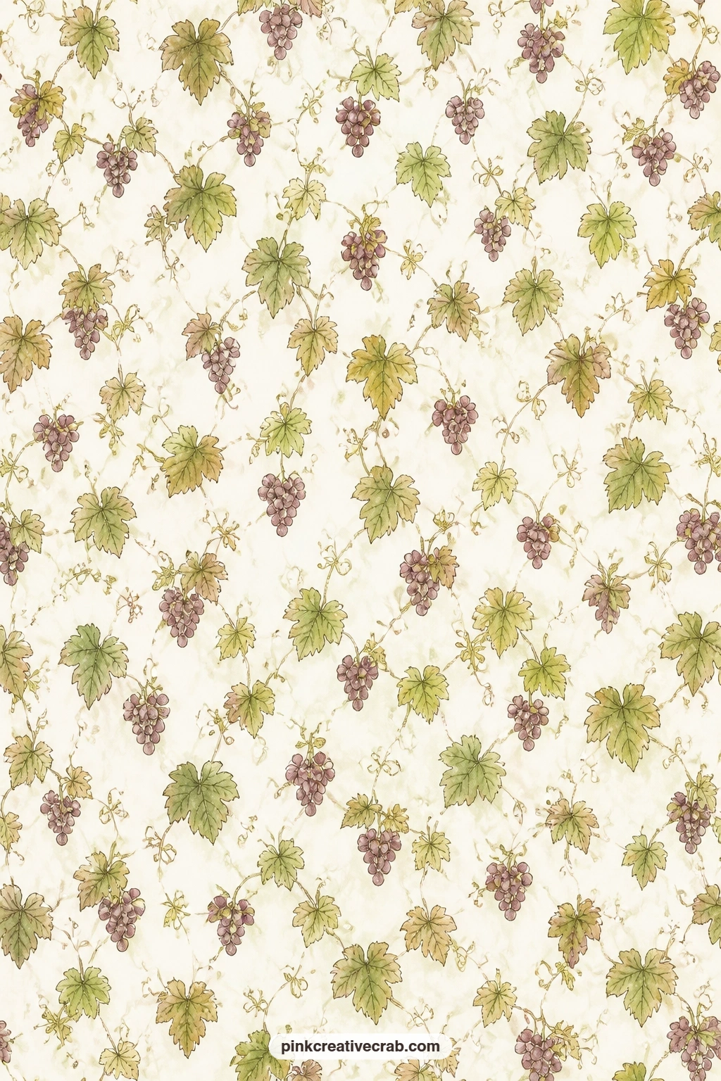 Grape Clusters And Vine Leaves Pattern printable page — Clusters of grapes and curling vine leaves repeat edge to edge, a natural match behind a harvest photo